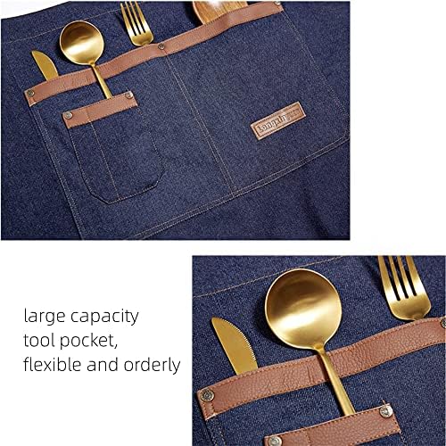 TOPTIE Denim Half Waist Apron with Pockets for Server Waiter Waitress | 100% cotton denim aprons, breathable, durable, large front pockets, adjustable ties, for restaurant kitchen bar, unisex - Image 3