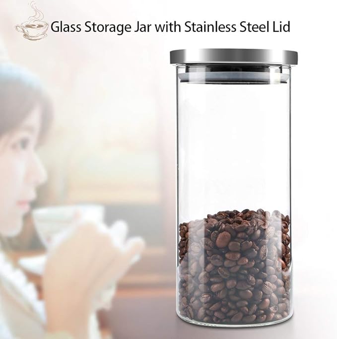 Bewinner Glass Coffee Bean Container, 1000ML Glass Storage Jar Coffee Beans Kitchen Food Container with Stainless Steel Lid for Use Storing Cookies, Sugar, Flour, Coffee(1000ML)