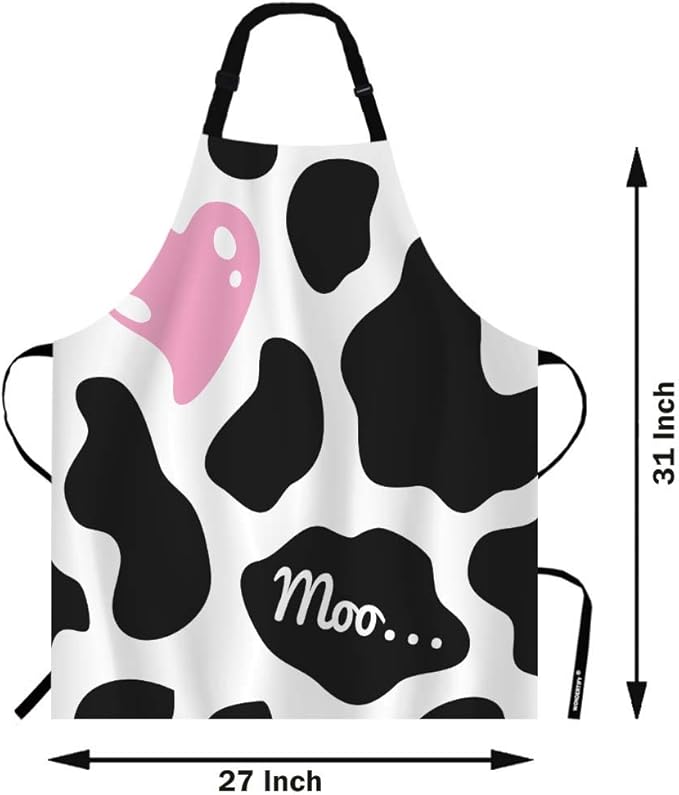 WONDERTIFY Heart Apron,Pink Heart on The Black and White Cow Skin Pattern Background Bib Apron with Adjustable Neck for Men Women,Suitable for Home Kitchen Cooking Waitress Chef Grill Bistro Apron
