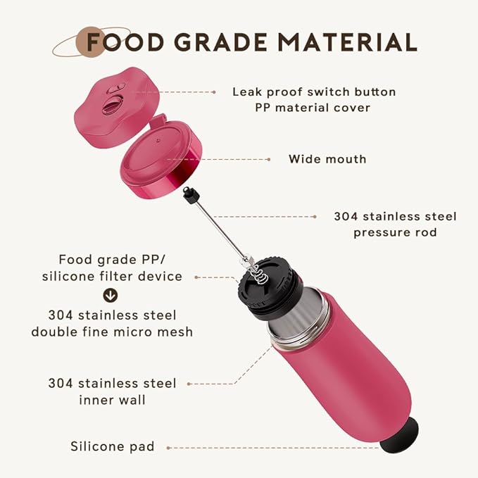 BENFUCHEN Travel Coffee Press, Vacuum Insulated Portable French Press, Stainless Steel Portable Coffee Maker/Tea Press, 12oz, Rose Red