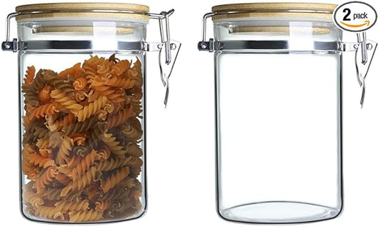 Glass Storage Jar with wooden Locking Clamp, Coffee Bean & Kitchen Food Container, Glass Sourdough Starter Jar (2PACK 35 OZ)