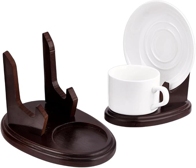 PH PandaHall 2pcs Wood Tea Cup and Saucer Display Stand, Brown Single Cup Display Wooden Saucer Holder Racks Organizer for Kitchen Table Plate Art Decorative, 5.9x3.8x4.4 inch