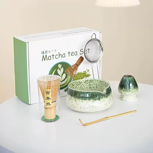 Premium Matcha Tea Set - 5 Pcs with Kiln-Transformation Glaze Ceramic Bowl, Prong Bamboo Whisk, Scoop, Sifter & Holder | Authentic Japanese-Style Tools (green)