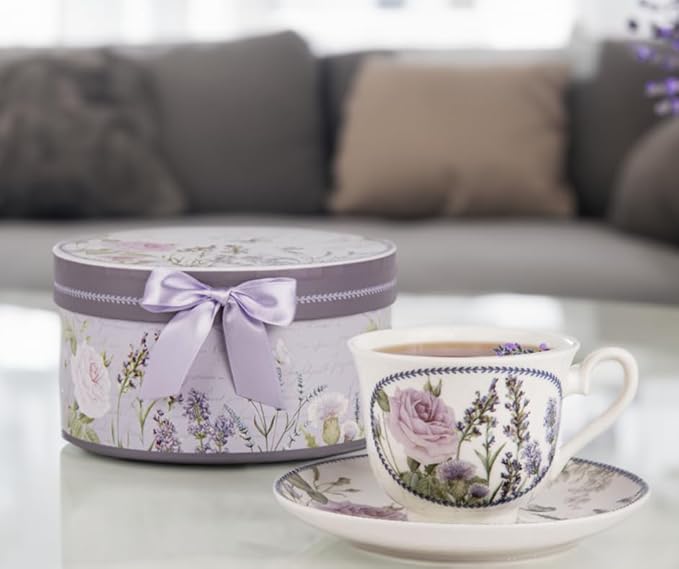 STP GOODS Bone China Tea/Coffee Cup and Saucer in Gift Box Fine Bone China Coffee Cup with Saucer Tea Cup and Saucer Set of One (Lavanda)