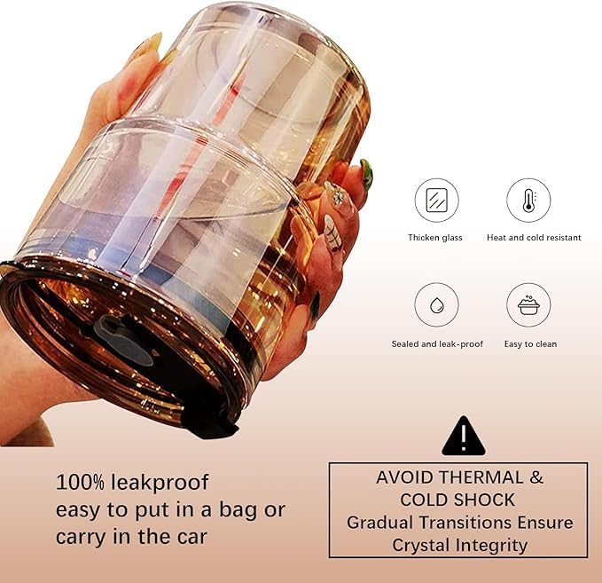 13 oz Tumbler Water Glass, Water Bottle with Straw and Dustproof Lid, Coffee Ice Cup Double Wall Insulated Glass Cup (Amber-2Pack)