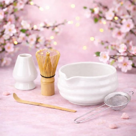 Matcha Whisk Set- Matcha Set includes Matcha Whisk and Bowl with Spout, Sifter, Holder and Scoop- The Perfect Bamboo Whisk for Matcha Tea (White)