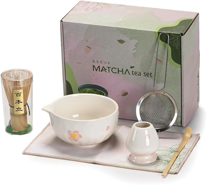 Matcha Tea Set with Sakura Ceramic Bowl, Fine Mesh Strainer and Bamboo Scoop, Japanese Style Matcha Accessories for Home Tea Ceremony.
