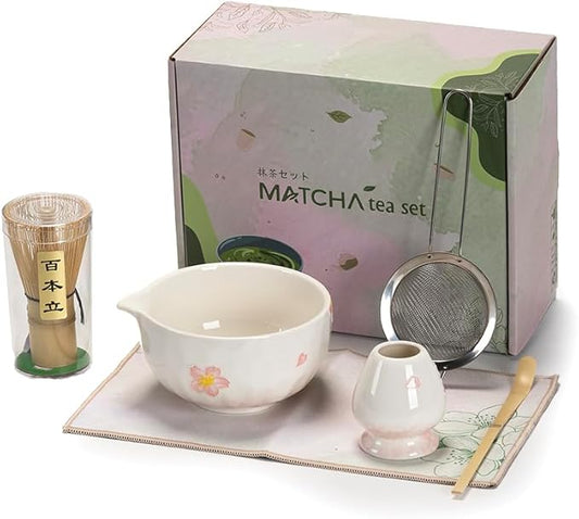 Matcha Tea Set with Sakura Ceramic Bowl, Fine Mesh Strainer and Bamboo Scoop, Japanese Style Matcha Accessories for Home Tea Ceremony.