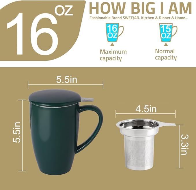 Sweejar Porcelain Tea Infuser Cup with Lid, 16 oz Tea Cup with Strainers for Loose Leaf Tea, Microwave and Dishwasher Safe Coffee Mug, Tea Steeping Mug for Tea Drinkers,Christmas Gift (White)