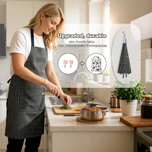 Chef Apron Bib Apron with 2 Large Pockets Adjustable Neck Strap Kitchen Apron Cooking Apron Stripes Baking Apron - Image 5