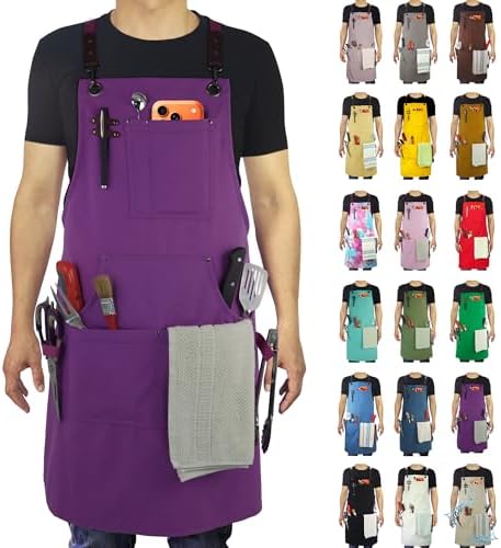 Kitchen Apron, Work Apron, Canvas, Multiple Pockets, Gardening, Painting, BBQ, Artist, Carpenter, Sizes M to XXL, Purple | Multiple Pockets, Gardening, Painting, BBQ, Artist, Carpenter, Sizes M to XXL by Stenffy
