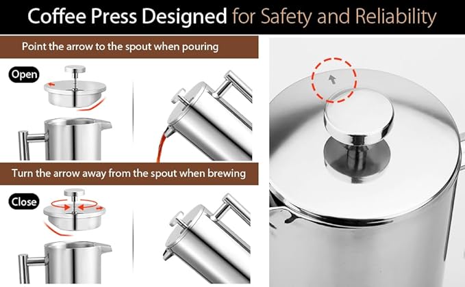 Miuly French Press 34oz, Double Insulated 304 Stainless Steel Coffee Press,Stainless Steel Coffee Maker (34oz, Sliver)