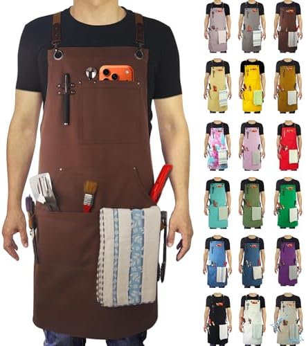 Kitchen Apron, Work Apron, Canvas Apron, Brown | Multiple Pockets, Gardening, Painting, BBQ, Carpenter, Sizes M to XXL by Stenffy