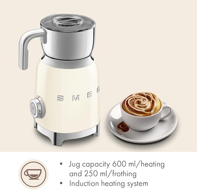 SMEG Retro 50's Style Milk Frother with 2 Disks 6 Preset Programs Hot or Cold Frothing and Induction Heating (Cream)