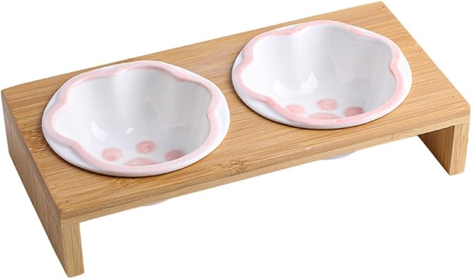 TOYANDONA Ceramic Raised Cat Bowl Whisker-Friendly Design Bamboo Stand for Kitten Feeding Easy to Clean