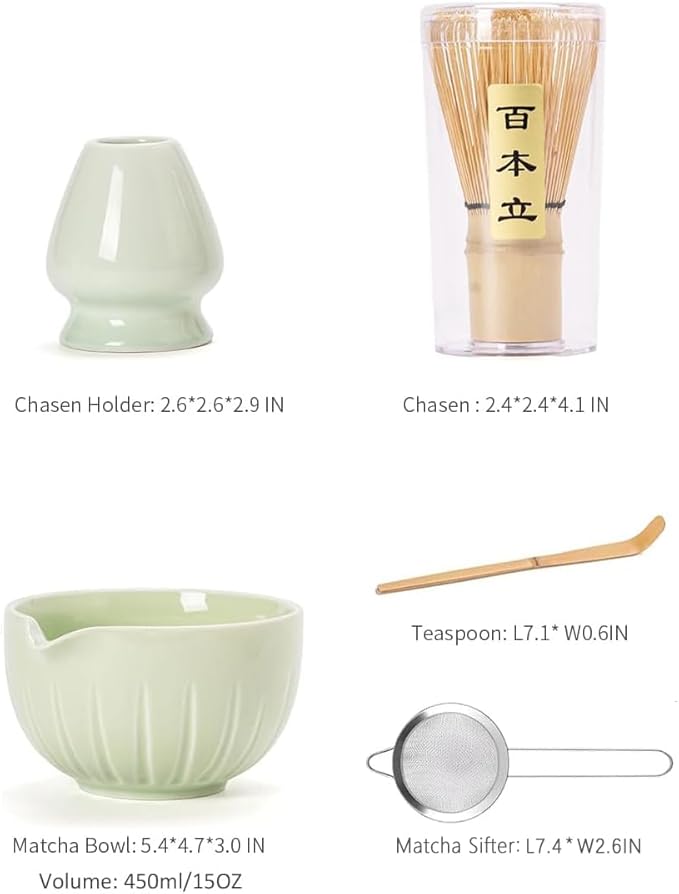TANG PIN Matcha Set - Match Bowl and Whisk, 15 OZ, Matcha Scoop | Matcha Whisk Stand (Chasen Holder) - 5pc Perfect Matcha Kit for Matcha Tea Ceremony (Green)