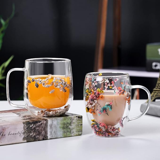 Double Wall Glass Coffee Mugs Set of 4 Espresso Cups for Cappuccino Tea Latte Cute Mug Insulated Glasses
