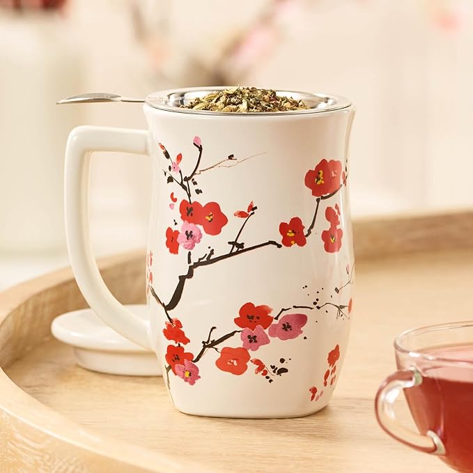 Tea Forte Ceramic Fiore Cup with Handle, Removeable Stainless Steel Infuser Basket and Lid, Steeps 14 oz Loose Leaf Tea, Dishwasher & Microwave Safe, Sakura