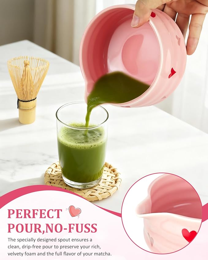 8Pcs Cute Ceramic Matcha Set with Whisk Bowl, Matcha Tea Kit Holder, Bamboo Scoop, Sifter, Towel Included, Valentine's Mother's Day Gift for Matcha Lover Women (Heart Shape Pink)