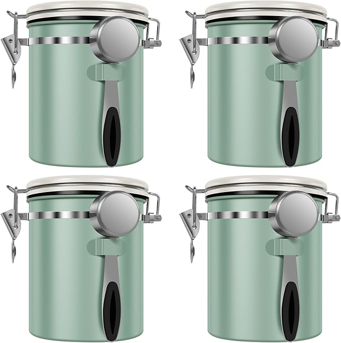 4PCS Coffee Storage Canister 1.5L 51OZ Double Airtight Coffee Beans Container with Date Locator 304 Stainless Steel Kitchen Food Storage Container with Spoon For Coffee Beans Grounds Tea Sugar