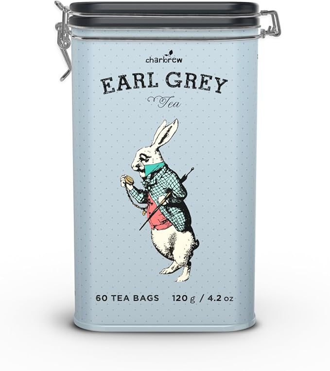 Charbrew Alice In Wonderland Tea Time Earl Grey Metal Tea Tin Caddy Gift – 60 Teabags Black Tea
