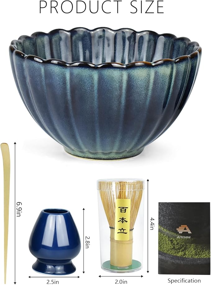 Artcome Matcha Tea Set - 17oz Petal-Shaped Matcha Bowl, Bamboo Whisk, Scoop, Whisk Holder & Brewing Guide, Japanese Tea Ceremony Tools for a Perfect Matcha Experience, Grayish Blue