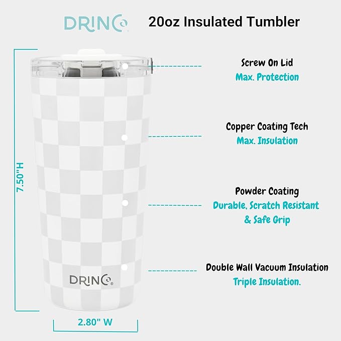 Drinco - 20 oz Stainless Steel Tumbler | Double Walled Vacuum Insulated Mug With Lid, 2 Straws, For Hot & Cold Drinks (20oz Checker)