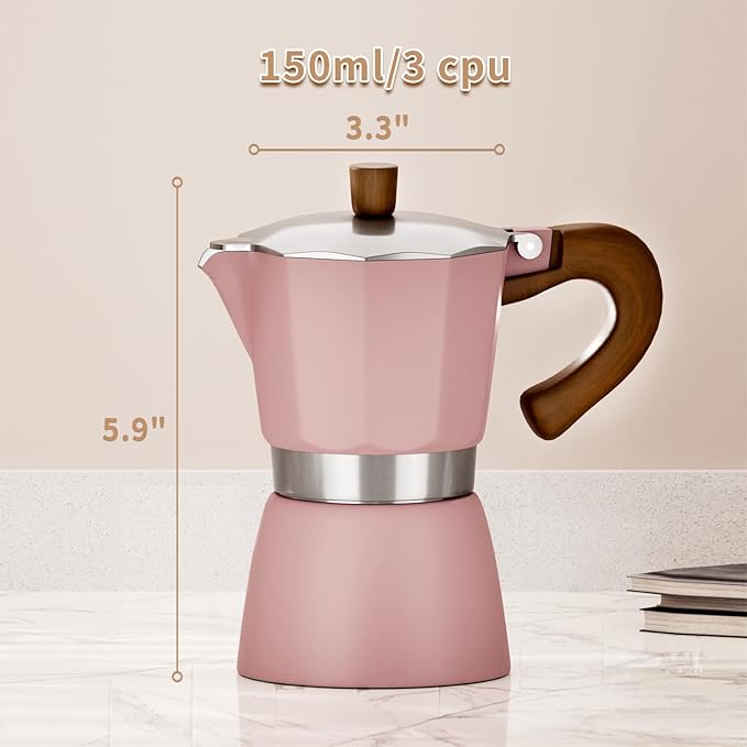 ShanSon Moka Pot Stovetop Espresso Maker 3 Cup 5 oz Italian Coffee Maker Manual Cuban Coffee Percolator Machine Italian Espresso Greca Coffee Maker for Cappuccino or Latte,Pink