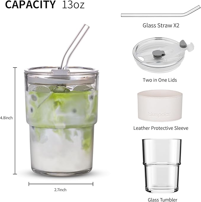 13 oz Tumbler Water Glass, Water Bottle with Straw and Dustproof Lid, Coffee Ice Cup Double Wall Insulated Glass Cup (White with Protect Sleeve)