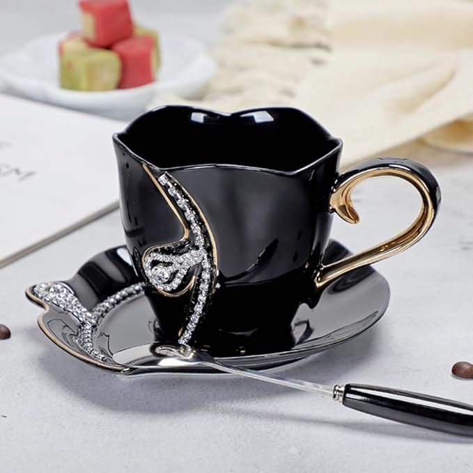 Ceramic Tea Cup and Saucer Set Decorative Rhinestone Coffee Mug Gift for Women 7oz (Black)