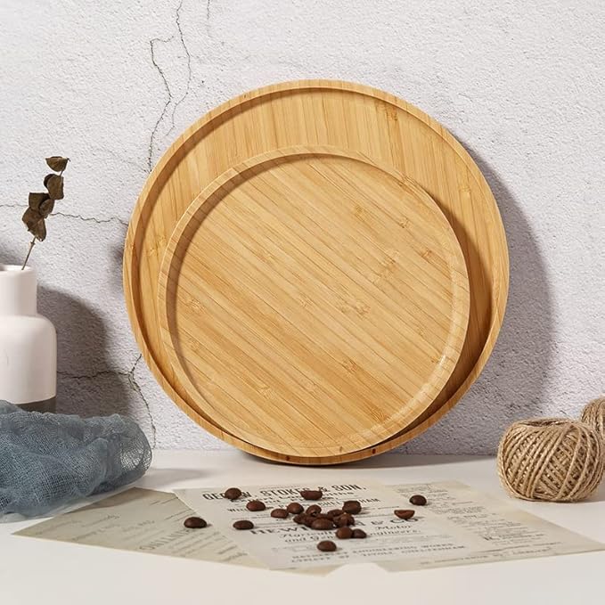 Round Bamboo Tray, Wood Serving Tray, Wooden Platter, Wood Charcuterie Board, Decorative Tray for Coffee Table,13.8 inch