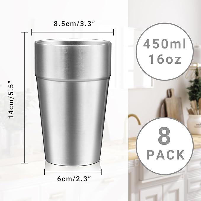 Double Wall Cup Stainless Steel, 16 oz Insulated Tumbler, 8 Pack Unbreakable Stackable Water Tumblers Insulated Metal Cup Premium Drinking Glasses for Travel Camping Home Outdoor