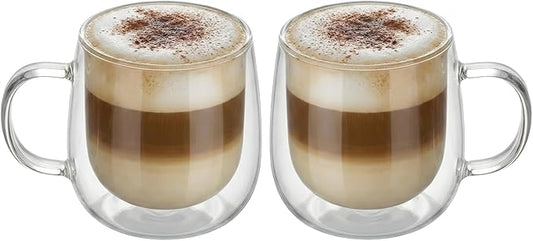 10oz Double Walled Glass Coffee Mugs Set of 2, Clear Insulated Mug for Cappuccino, Latte, Borosilicate Glass Cup, Heat & Cold Resistant Glasses