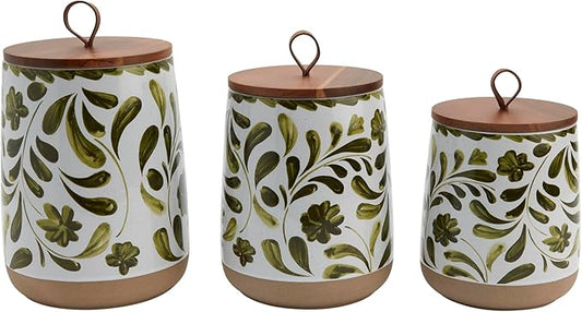 TTU Tabletops Gallery Ceramic Canister Collection- Stoneware Designed Kitchen Storage Acacia Wood White Set, 3 Piece Botanical Green Canister Set