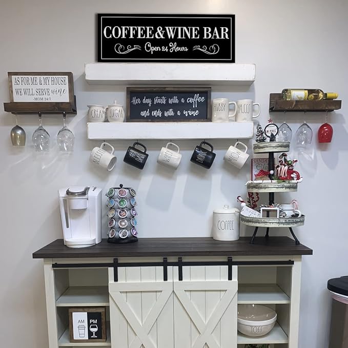 WOWGOOMO Coffee and Wine Bar Signs Decor, Classic Kitchen Wine Cabinet Decorative Signs & Plaques, Black Bar Accessories, 8x24 Inches