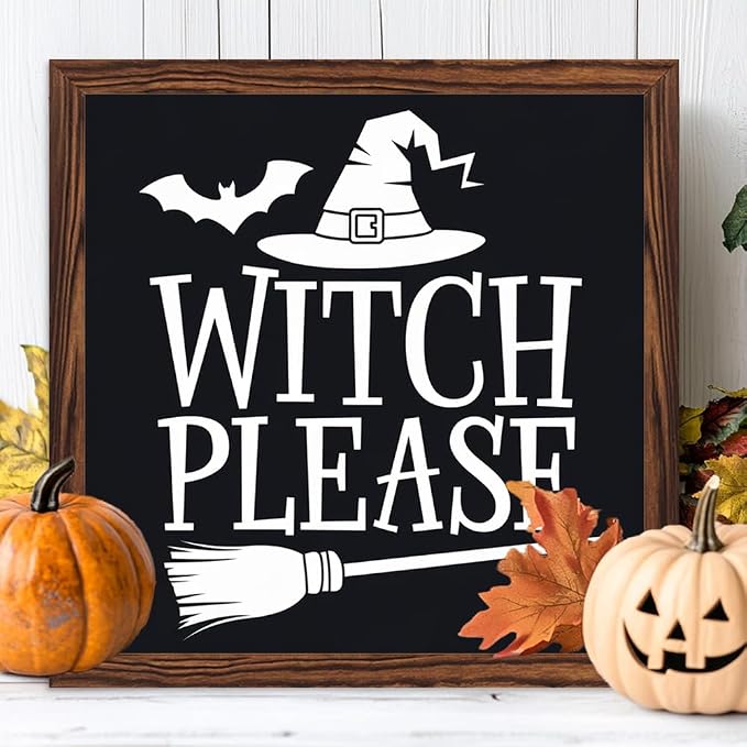 Vintage Witch Please Wooden Sign, With Frame Witch Broom, Bats Elements Decorative Sign for Bedroom, Kitchen, Cafe, Bar Wall Decor, Halloween Decor 7.87x7.87 Inch - Image 3
