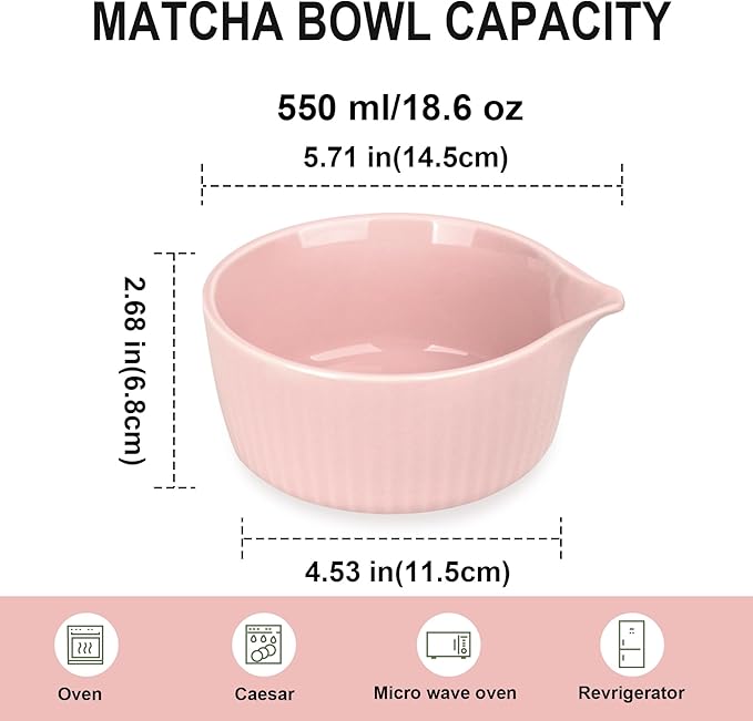 Traditional Matcha Bowl with Spout, Ceramic Matcha Tea Bowl (Chawan), Matcha Mixing Bowl for Whisking Matcha, Pink