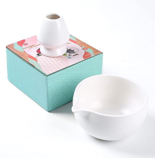 Traditional Matcha Bowl and Chasen Rest- Handmade Modern Ceramic Japanese Matcha Tea Ceremony Kit- 22oz Big Salad Porridge Juice Bowl Cup and whisk holder (Ivory White)