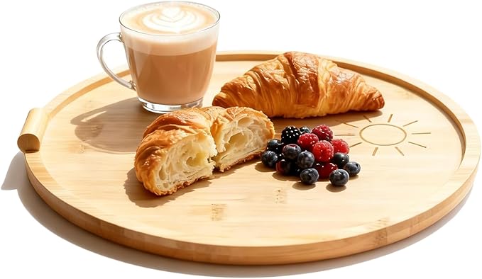 Bamboo Tray with Handle, Round Wooden Serving Tray for Bed Breakfast, Charcuterie Platters, Footstools, Coffee Tables, Outdoor Gatherings, Gifting and Home Decor Storage Tray (11.8 inch)