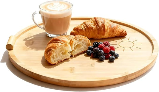 Bamboo Tray with Handle, Round Wooden Serving Tray for Bed Breakfast, Charcuterie Platters, Footstools, Coffee Tables, Outdoor Gatherings, Gifting and Home Decor Storage Tray (11.8 inch)