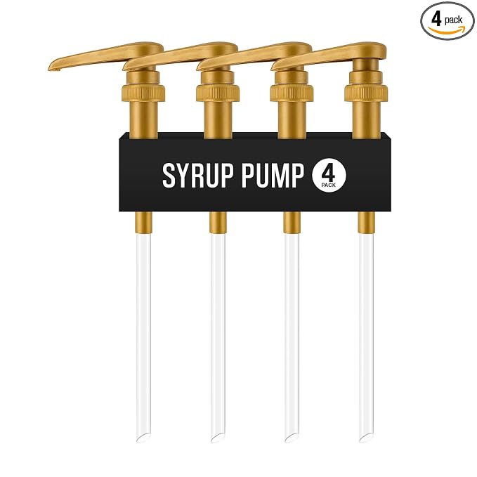 4-Pack Gold Plastic Bottle Syrup Pumps – Fits 750ml / 25.4 oz Bottles – Compatible with Torani & More – IMPORTANT: Will Not Fit Glass Bottles – Coffee Syrup Dispenser by VIGORPATH
