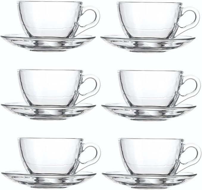 Glass Teacup and Saucer Set, 6 Pack Coffee Mug with Stainless Steel Spoon Suitable for Espresso Juice Cappuccino and More Beverage, 7OZ/210ML, Clear