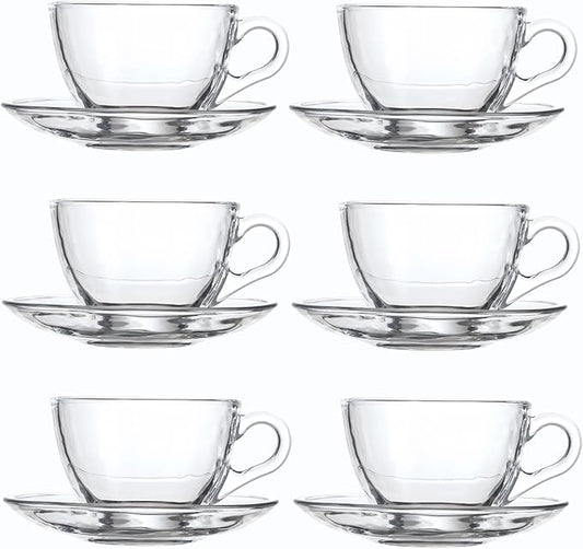 Glass Teacup and Saucer Set, 6 Pack Coffee Mug with Stainless Steel Spoon Suitable for Espresso Juice Cappuccino and More Beverage, 7OZ/210ML, Clear