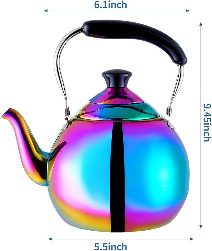 Whistling Tea Kettle for Stovetop Induction Stainless Steel Tea pot Whistle Kettles Gas Stove Top Fast Boiling Water Modern Rainbow Iridescent Color Mirror Finish 2 Quart