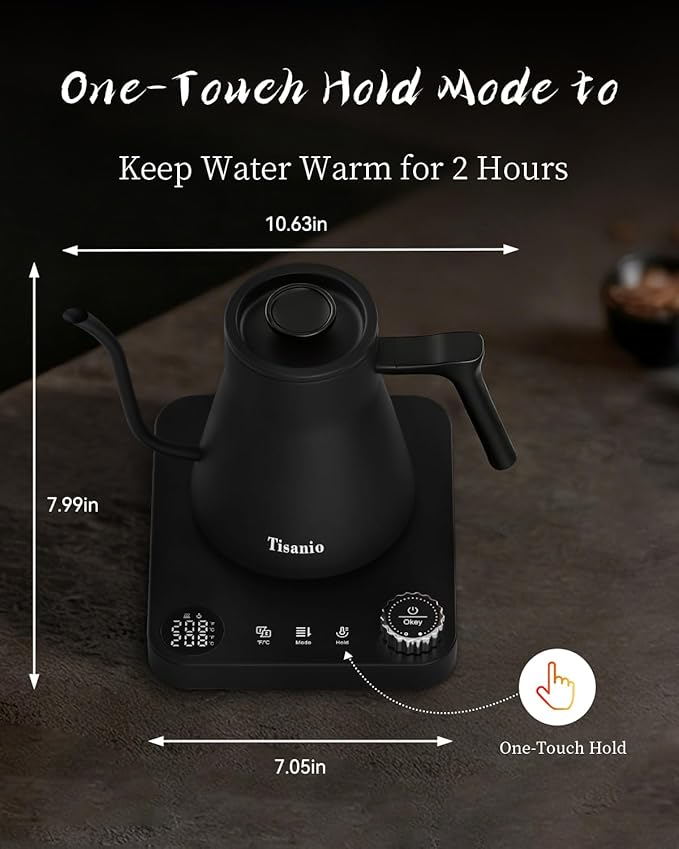 Gooseneck Electric Kettle for Pour Over Coffee, ±1°F Temperature Control, Smart Heating, 304 Stainless Steel, Fast Boil & 2-Hour Keep Warm, 0.9L,Black