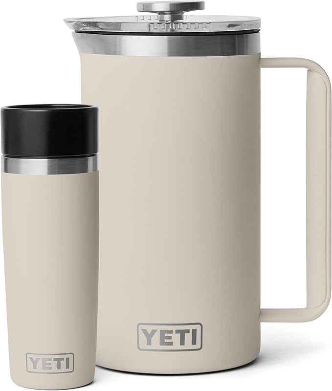 YETI Rambler 34 oz. French Press Coffee Maker, (1) 16 oz Travel Bottle, Stainless Steel, Cape Taupe