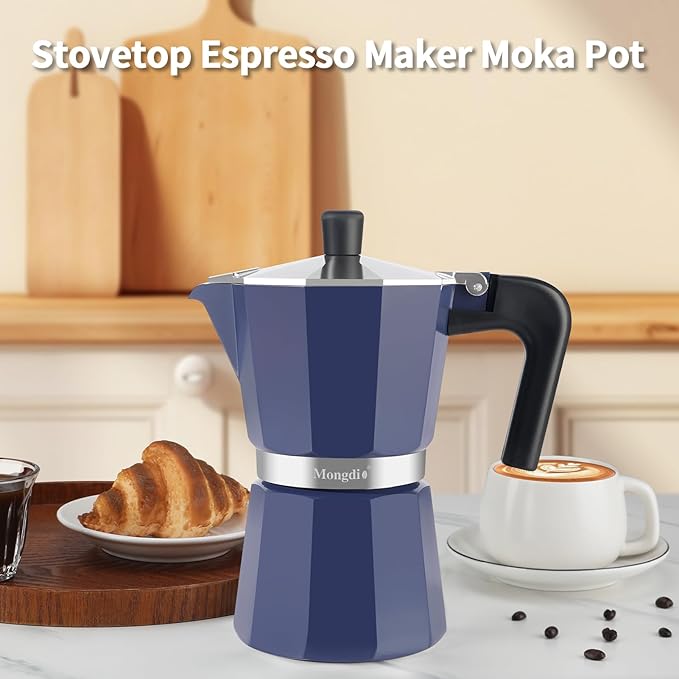 Mongdio Stovetop Espresso Maker Moka Pot, Stove Top Cuban Coffee Maker, Italian Greca Mocha Pot, 6 Espresso Cups, 10 oz - Blue