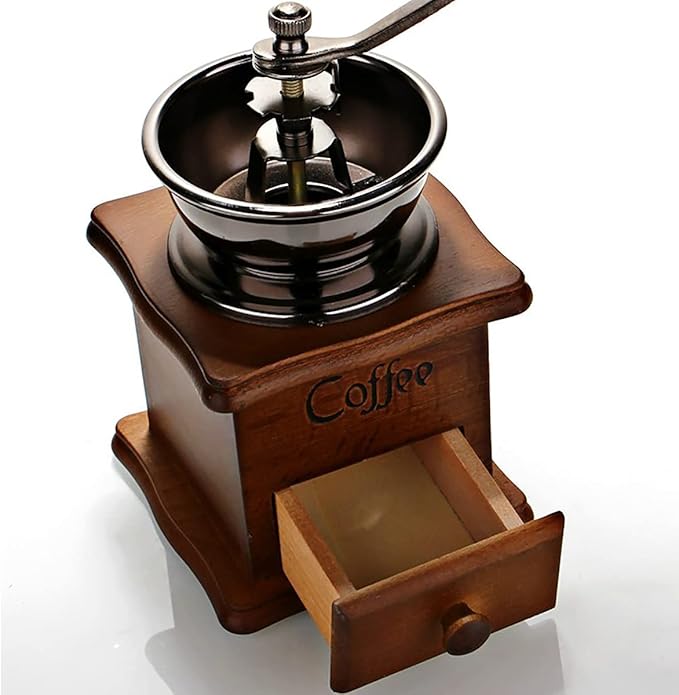Wooden Manual Coffee Grinder Vintage Style Hand Coffee Mill Burr Coffee Grinder with Ceramic Hand Crank,Wooden Manual Coffee Grinder Cleaning Brush, Brown, 19 x 8.5 x 16 cm