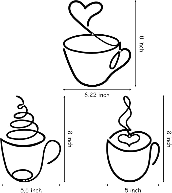 Ferraycle 3 Pieces Coffee Cup Metal Wall Art Wire Coffee Bar Hanging Decor Cafe Themed Vintage Rustic Metal Sign for Kitchen Restaurant Shop Home Office Accessories