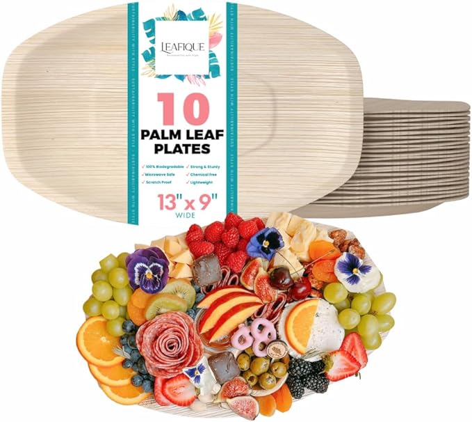 Oval Palm Leaf Trays Pack of 10-Disposable Serving Tray Charcuterie Boards & Grazing Platters, Eco-Friendly Compostable Biodegradable Plates, Durable Party Catering Serving Platter - (13x9 Inch)